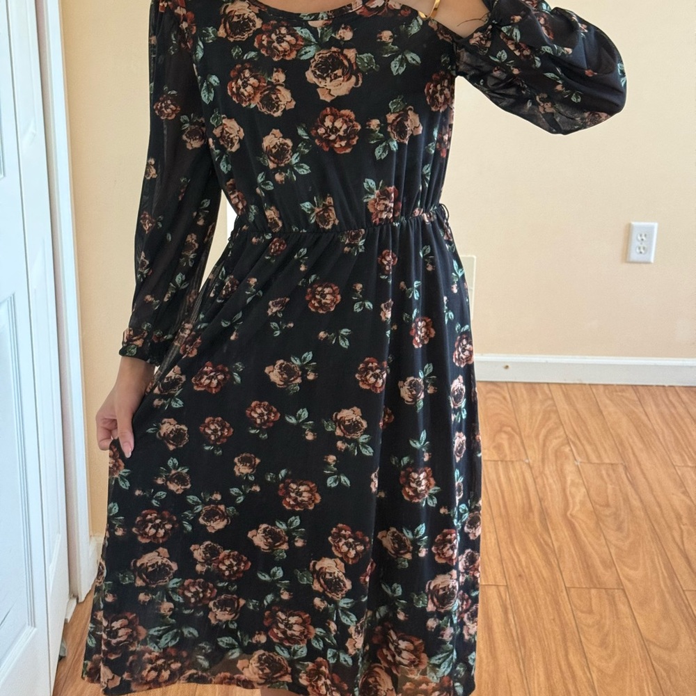 Haani Black Floral Midi Dress with Brown and Green Accents